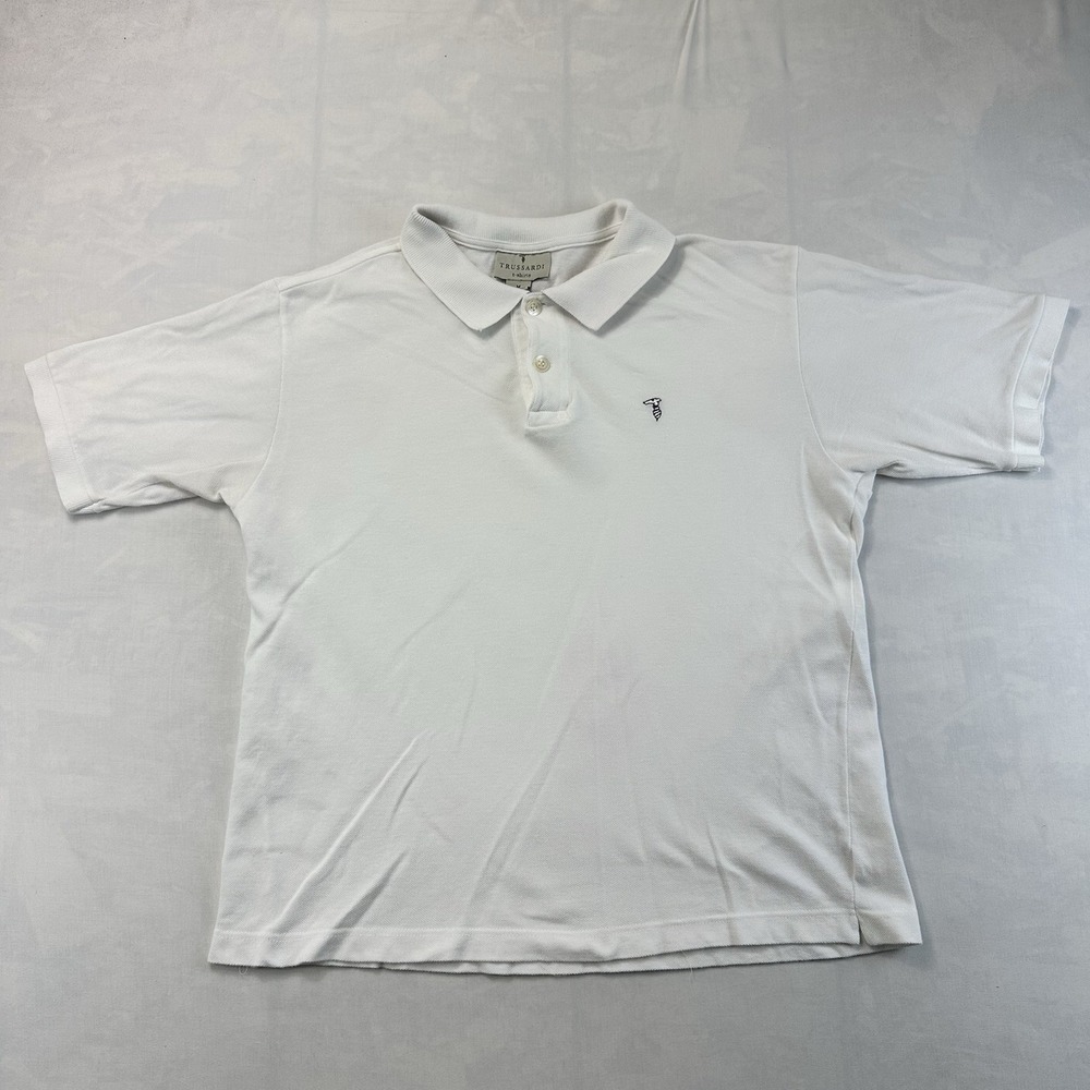 Trussardi White Polo Shirt Men's Medium Short Sleeve Logo Cotton Classic Italy